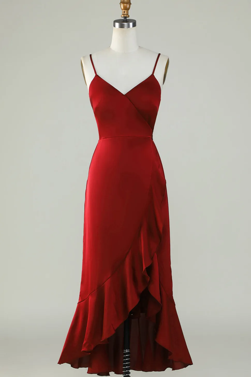 Esparguete Correias Borgonha Vestido Madrinha com Folhos