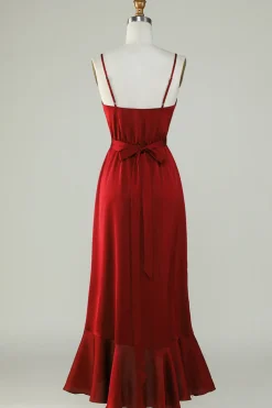 Esparguete Correias Borgonha Vestido Madrinha com Folhos