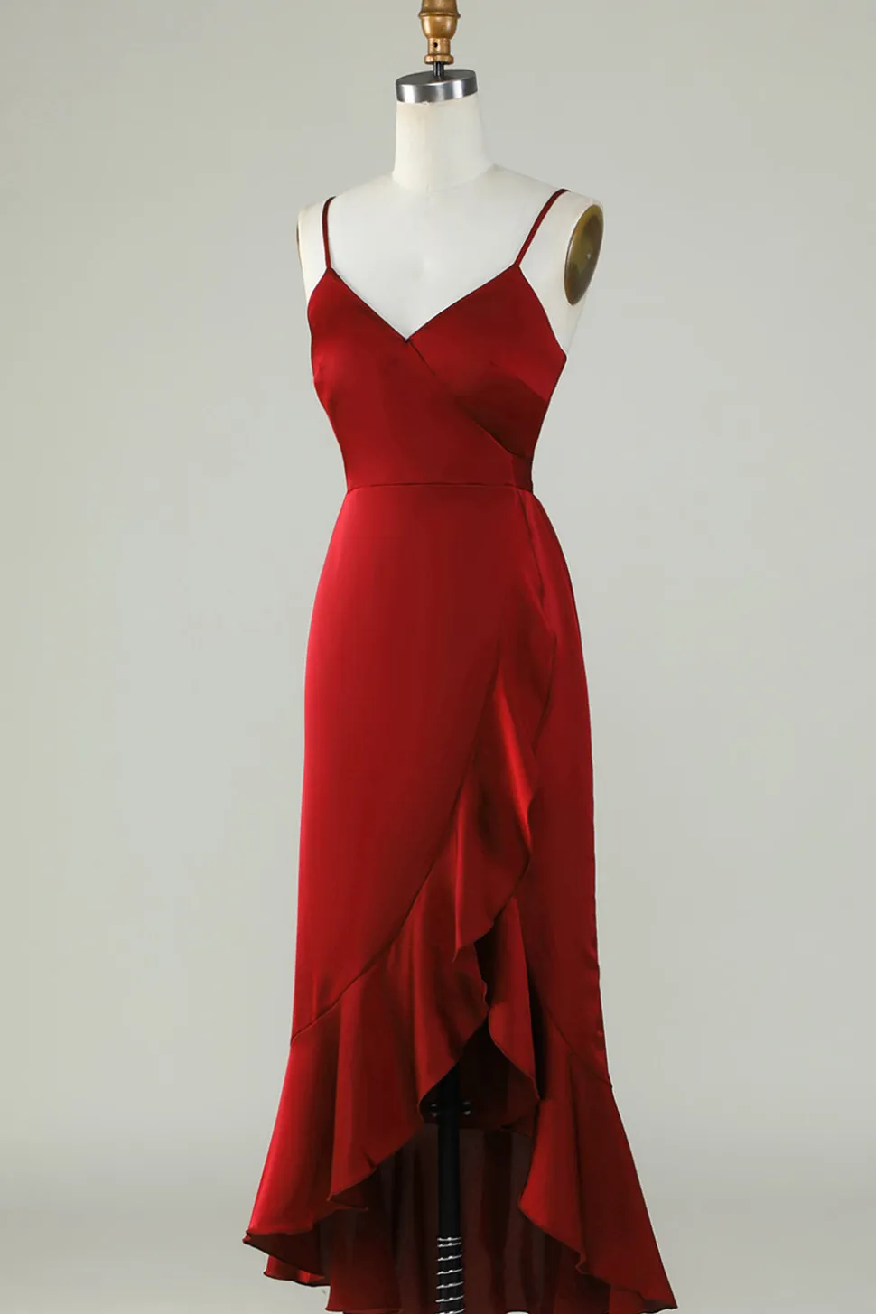 Esparguete Correias Borgonha Vestido Madrinha com Folhos