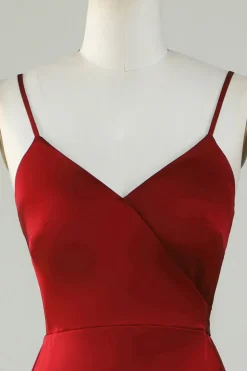 Esparguete Correias Borgonha Vestido Madrinha com Folhos