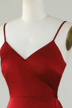 Esparguete Correias Borgonha Vestido Madrinha com Folhos