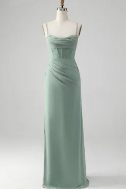 Esparguete Correias Cinzento Verde Sereia Corset Vestido Madrinha com Fenda
