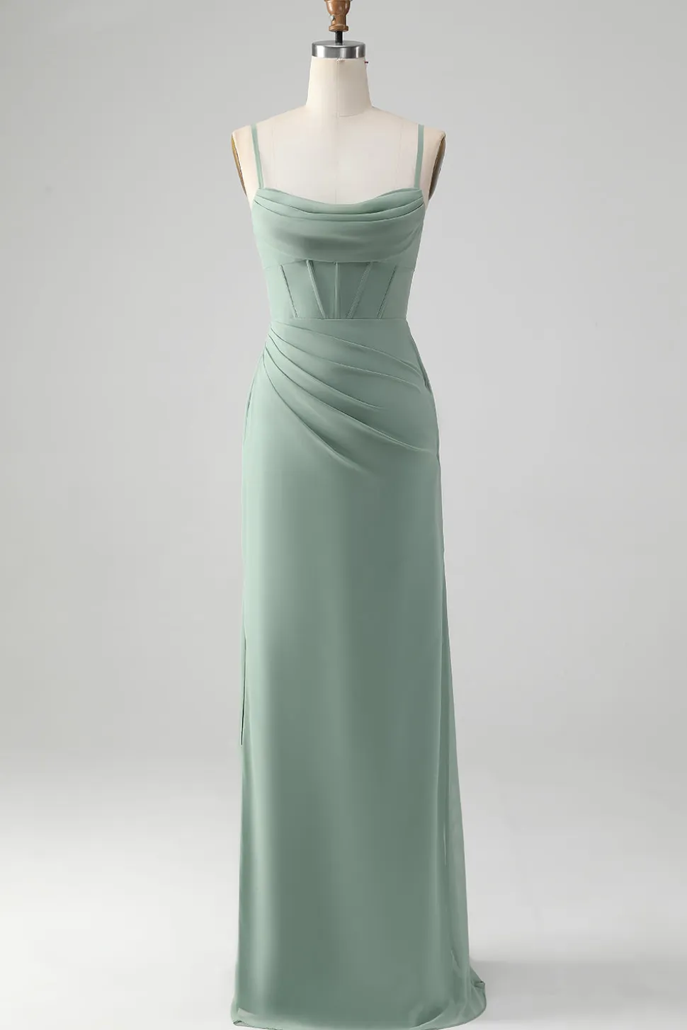 Esparguete Correias Cinzento Verde Sereia Corset Vestido Madrinha com Fenda