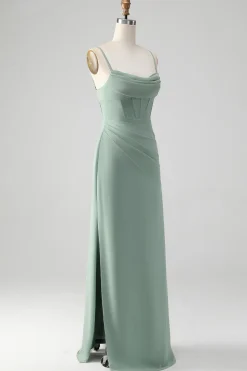 Esparguete Correias Cinzento Verde Sereia Corset Vestido Madrinha com Fenda