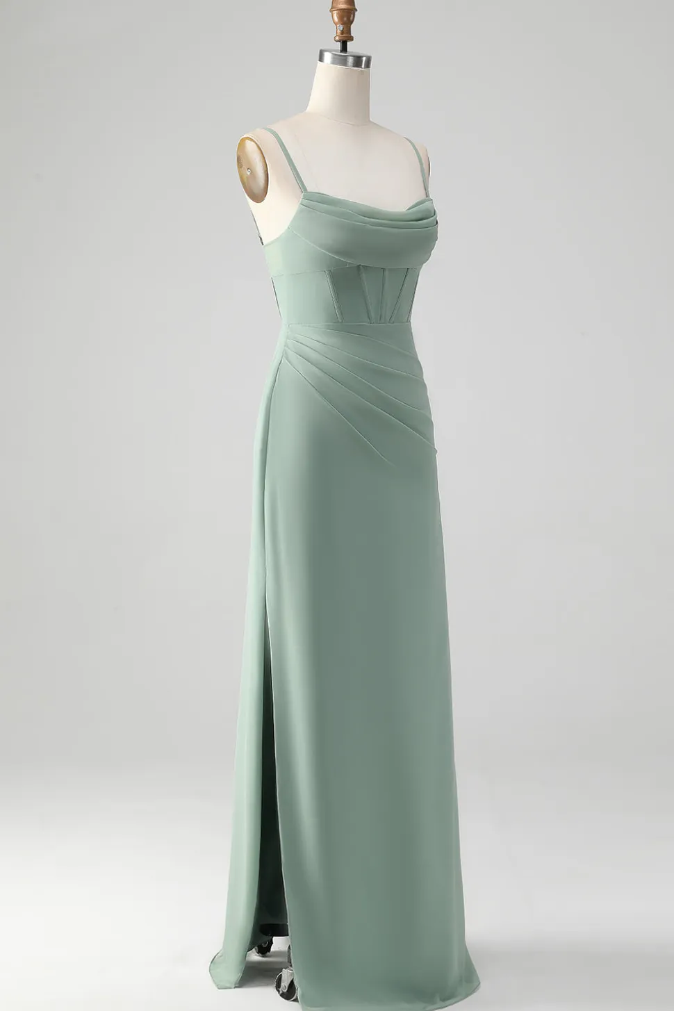 Esparguete Correias Cinzento Verde Sereia Corset Vestido Madrinha com Fenda