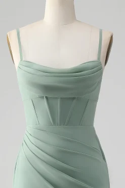 Esparguete Correias Cinzento Verde Sereia Corset Vestido Madrinha com Fenda