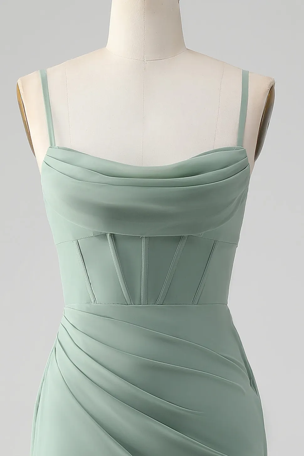 Esparguete Correias Cinzento Verde Sereia Corset Vestido Madrinha com Fenda