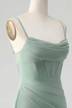 Esparguete Correias Cinzento Verde Sereia Corset Vestido Madrinha com Fenda