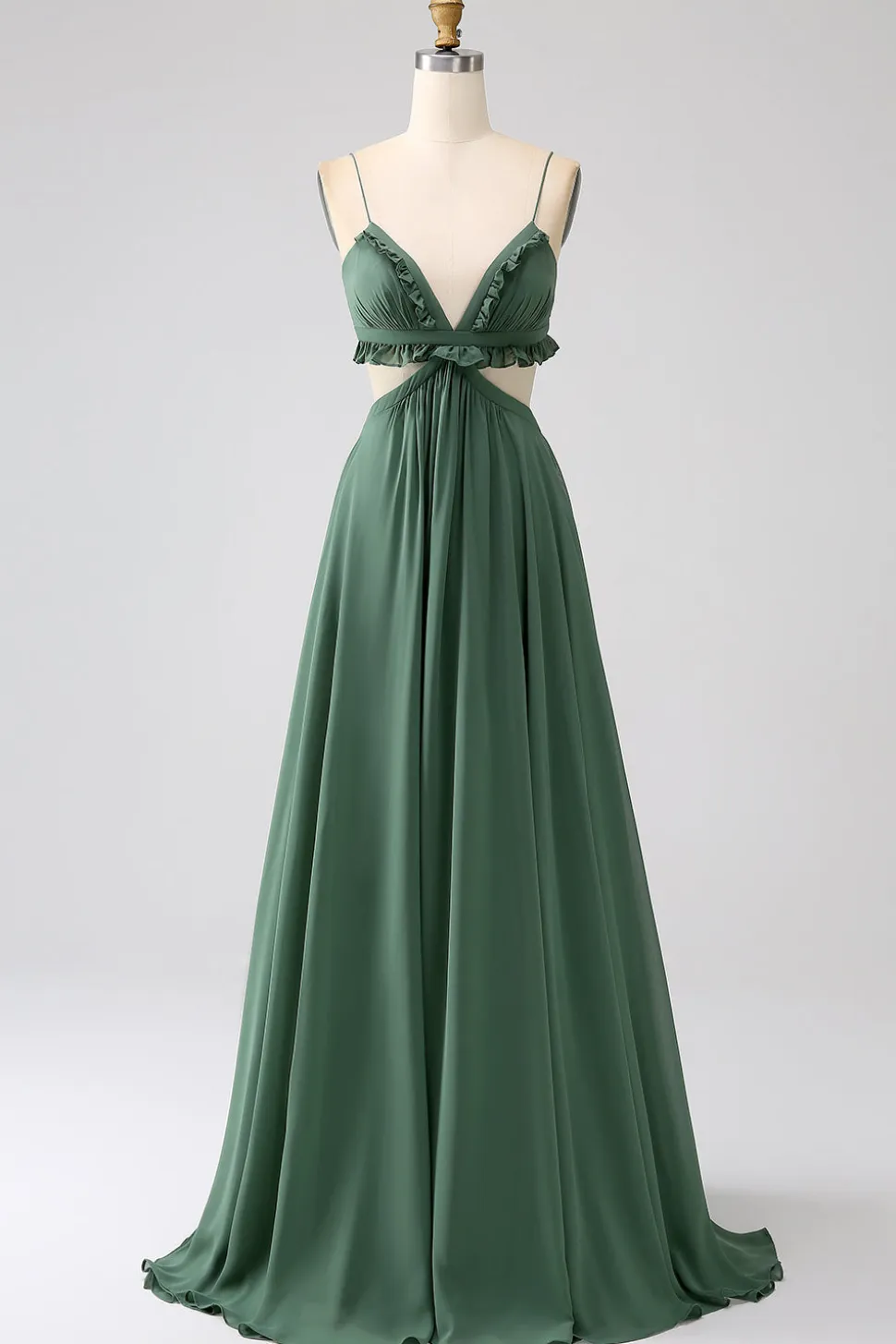 Esparguete Correias Folhos Verde Oco Longo Vestido de Dama de Honra