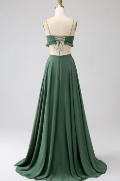Esparguete Correias Folhos Verde Oco Longo Vestido de Dama de Honra