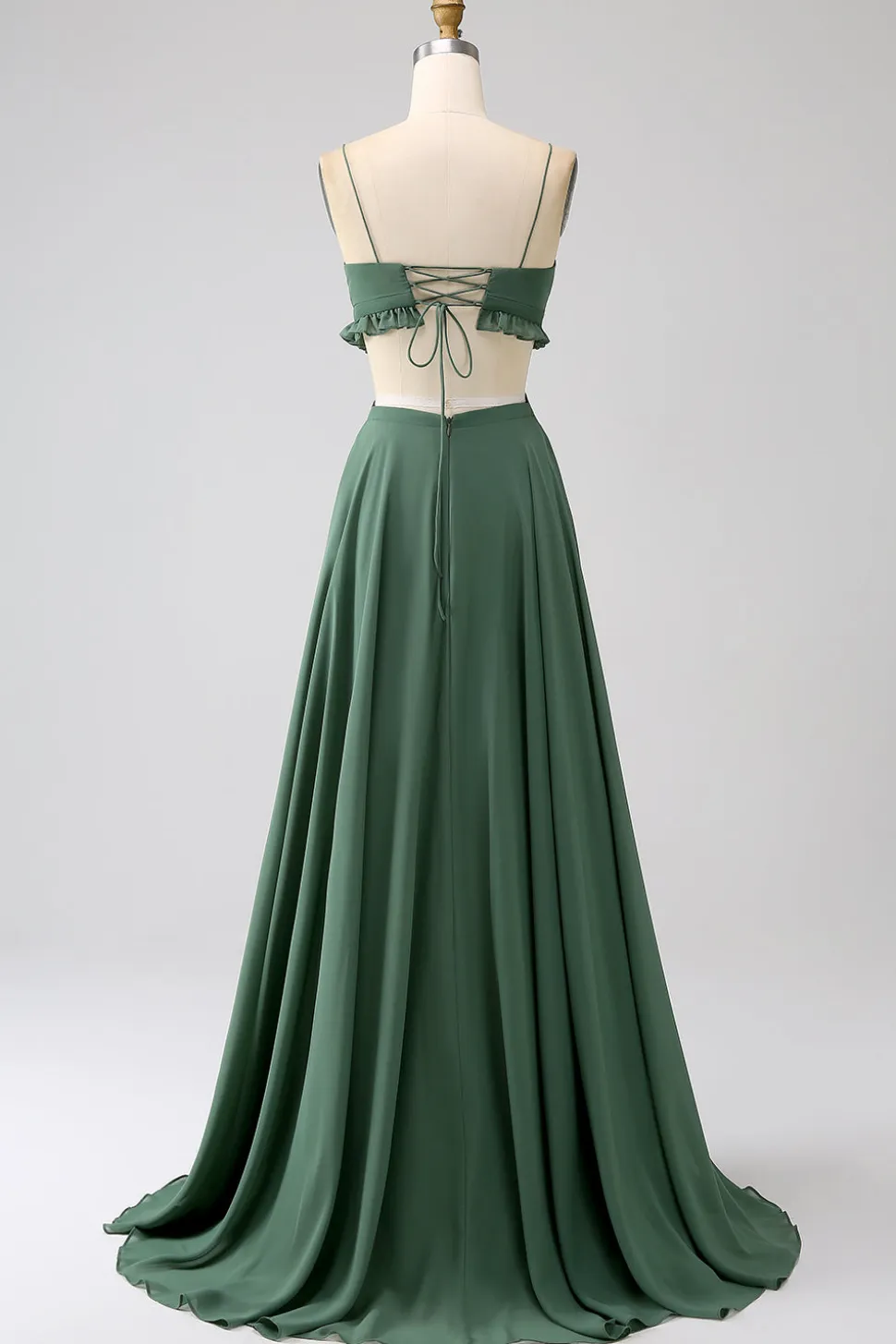 Esparguete Correias Folhos Verde Oco Longo Vestido de Dama de Honra