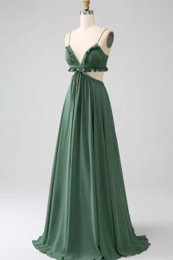 Esparguete Correias Folhos Verde Oco Longo Vestido de Dama de Honra