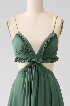 Esparguete Correias Folhos Verde Oco Longo Vestido de Dama de Honra