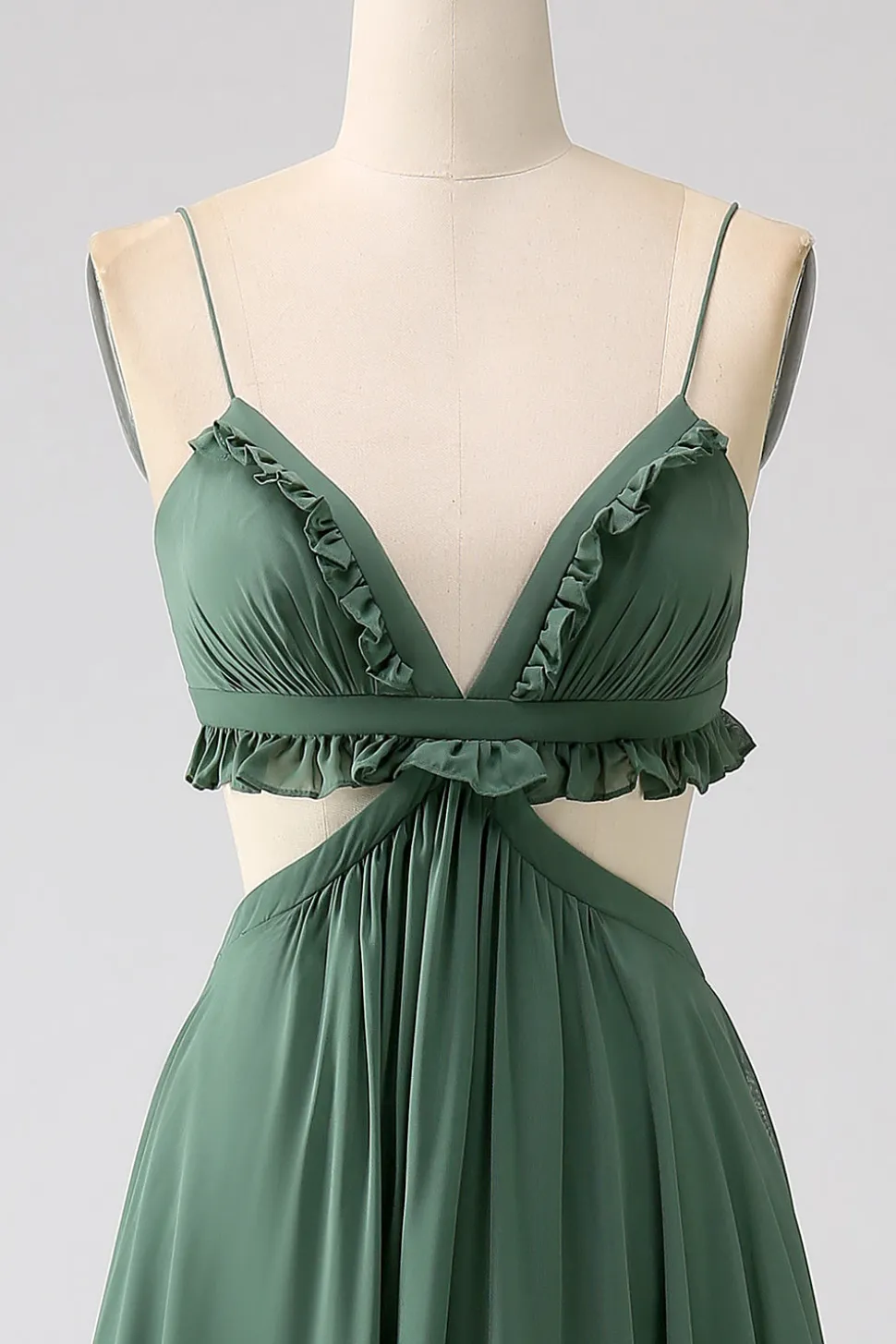 Esparguete Correias Folhos Verde Oco Longo Vestido de Dama de Honra