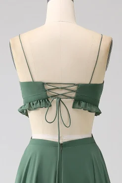 Esparguete Correias Folhos Verde Oco Longo Vestido de Dama de Honra