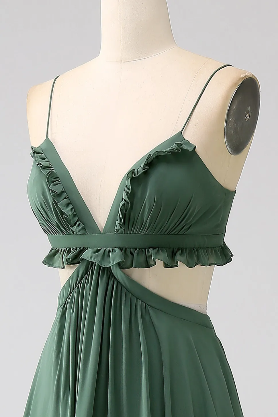 Esparguete Correias Folhos Verde Oco Longo Vestido de Dama de Honra