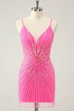 Esparguete Correias Fuchsia Bodycon Homecoming Dress com Sequins