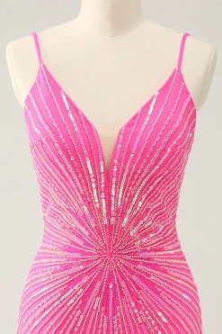 Esparguete Correias Fuchsia Bodycon Homecoming Dress com Sequins