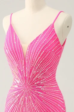 Esparguete Correias Fuchsia Bodycon Homecoming Dress com Sequins
