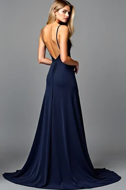Esparguete Correias Plissado Bainha Marinha Vestido Formal com Fenda