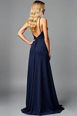 Esparguete Correias Plissado Bainha Marinha Vestido Formal com Fenda