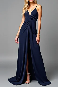 Esparguete Correias Plissado Bainha Marinha Vestido Formal com Fenda