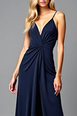 Esparguete Correias Plissado Bainha Marinha Vestido Formal com Fenda