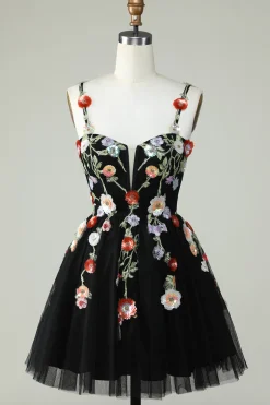Esparguete Correias Preto Uma Linha de Lantejoulas Flores Homecoming Dress