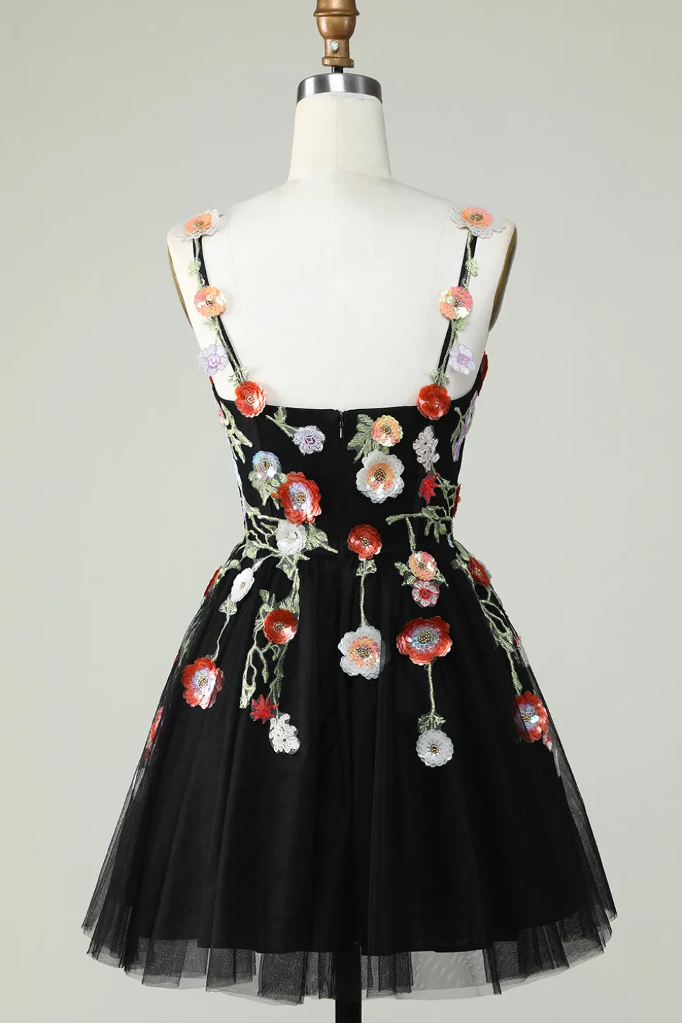 Esparguete Correias Preto Uma Linha de Lantejoulas Flores Homecoming Dress