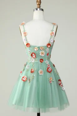 Esparguete Correias Preto Uma Linha de Lantejoulas Flores Homecoming Dress