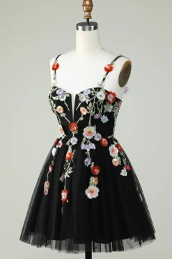 Esparguete Correias Preto Uma Linha de Lantejoulas Flores Homecoming Dress