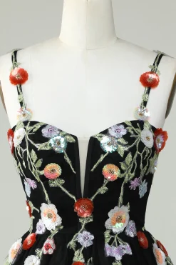 Esparguete Correias Preto Uma Linha de Lantejoulas Flores Homecoming Dress
