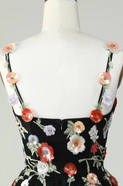 Esparguete Correias Preto Uma Linha de Lantejoulas Flores Homecoming Dress