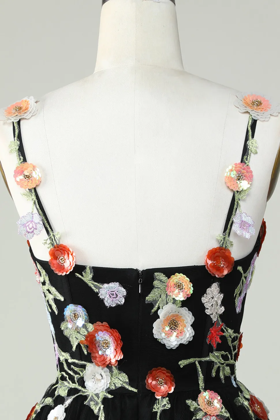 Esparguete Correias Preto Uma Linha de Lantejoulas Flores Homecoming Dress