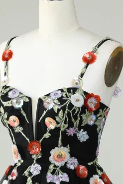 Esparguete Correias Preto Uma Linha de Lantejoulas Flores Homecoming Dress