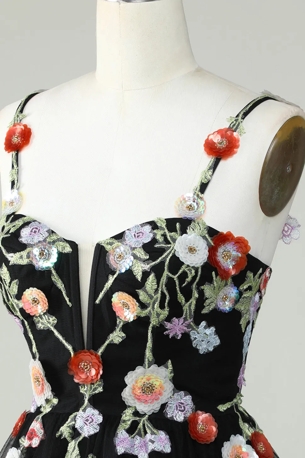 Esparguete Correias Preto Uma Linha de Lantejoulas Flores Homecoming Dress