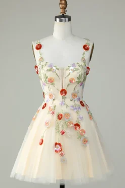 Esparguete Correias Preto Uma Linha de Lantejoulas Flores Homecoming Dress