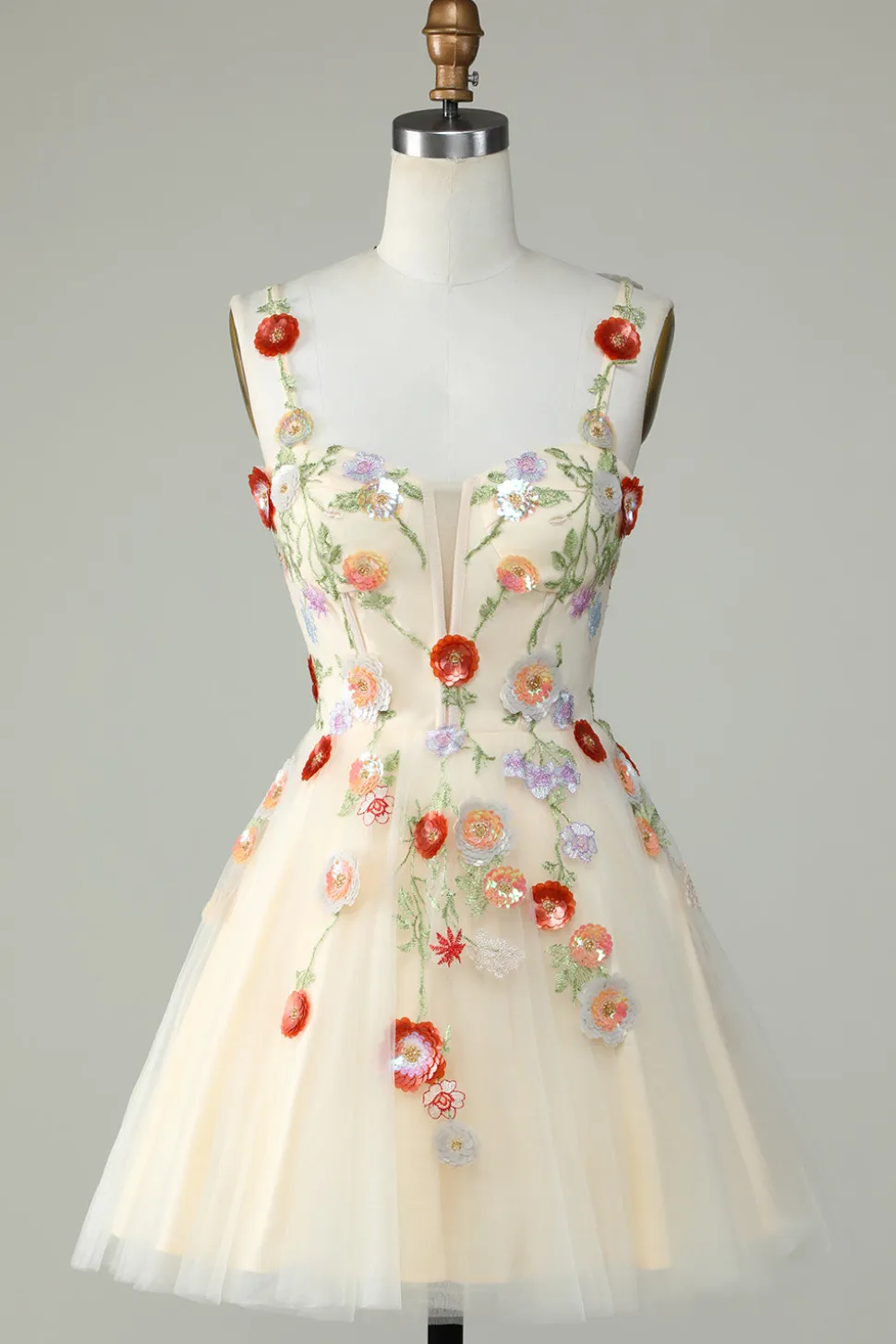 Esparguete Correias Preto Uma Linha de Lantejoulas Flores Homecoming Dress