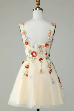 Esparguete Correias Preto Uma Linha de Lantejoulas Flores Homecoming Dress