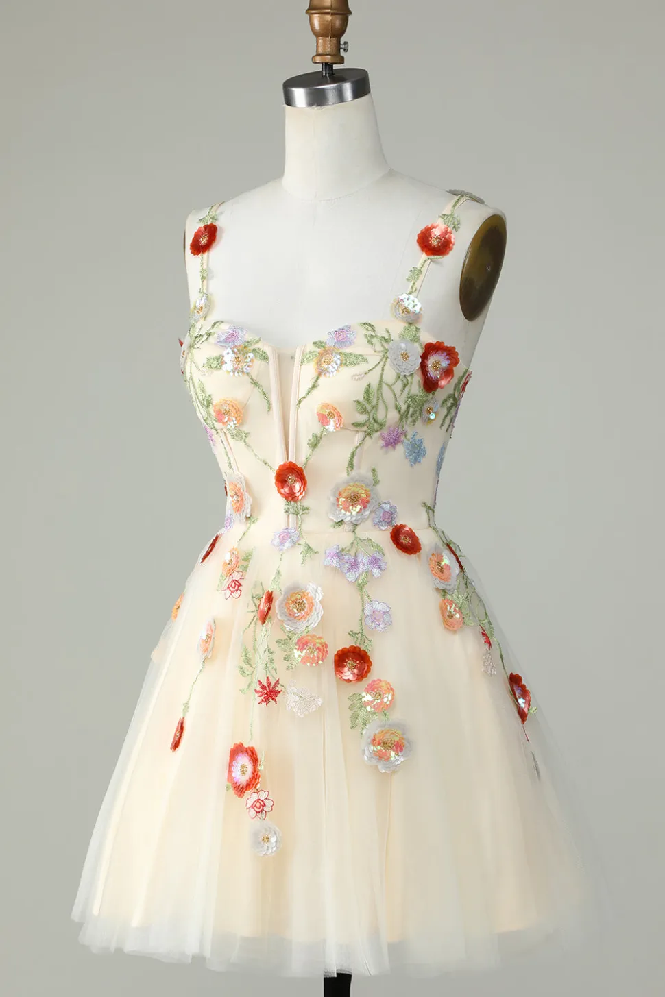 Esparguete Correias Preto Uma Linha de Lantejoulas Flores Homecoming Dress