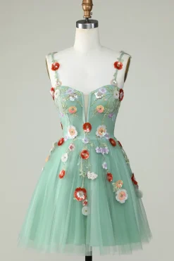 Esparguete Correias Preto Uma Linha de Lantejoulas Flores Homecoming Dress