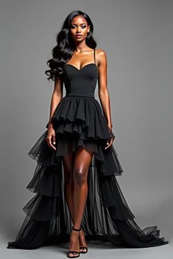 Esparguete Correias Preto Alto Baixo Babado Vestido Formal Longo