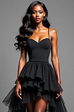 Esparguete Correias Preto Alto Baixo Babado Vestido Formal Longo