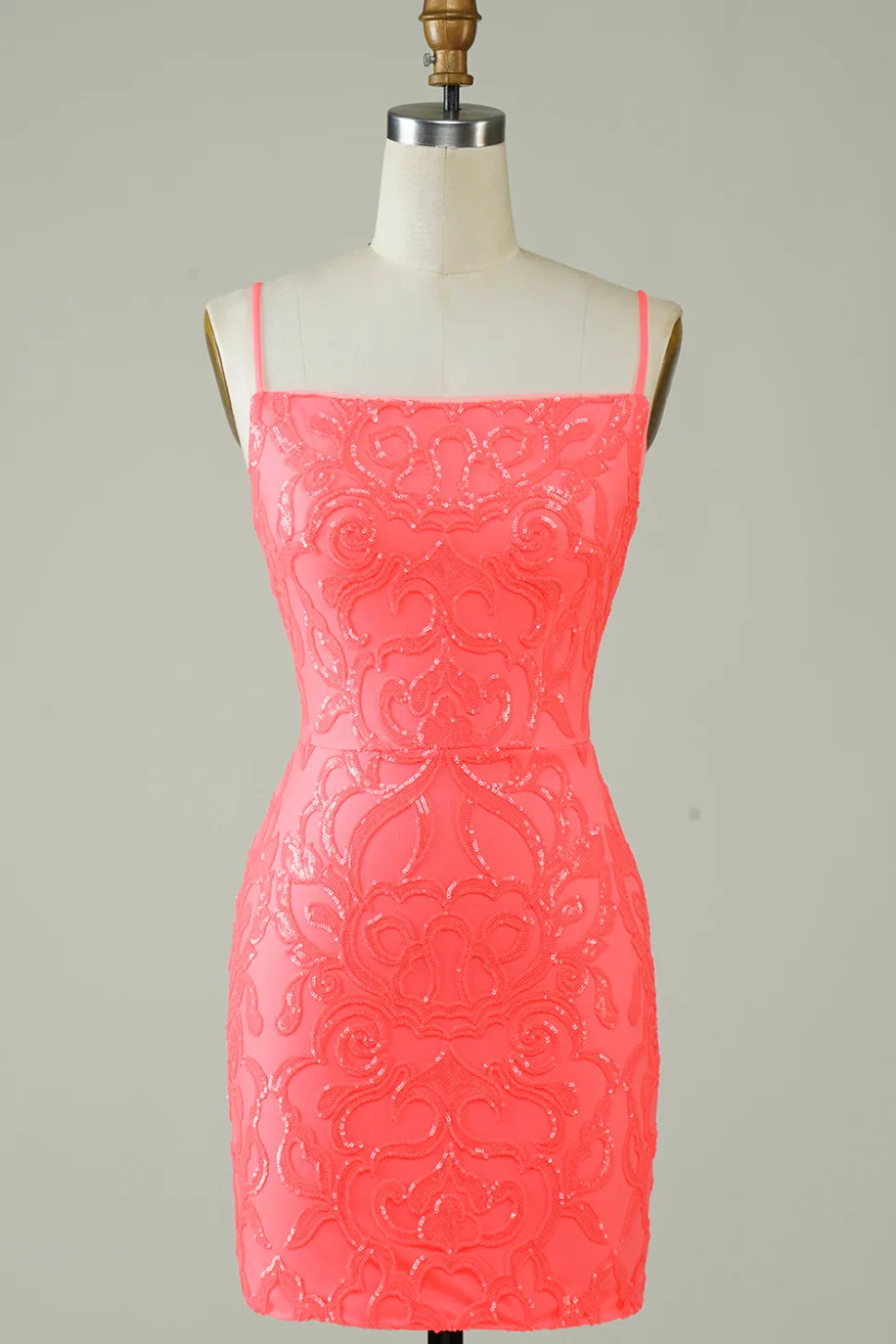 Esparguete Correias Pêssego Glitter Apertado Homecoming Dress