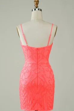 Esparguete Correias Pêssego Glitter Apertado Homecoming Dress