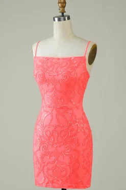 Esparguete Correias Pêssego Glitter Apertado Homecoming Dress