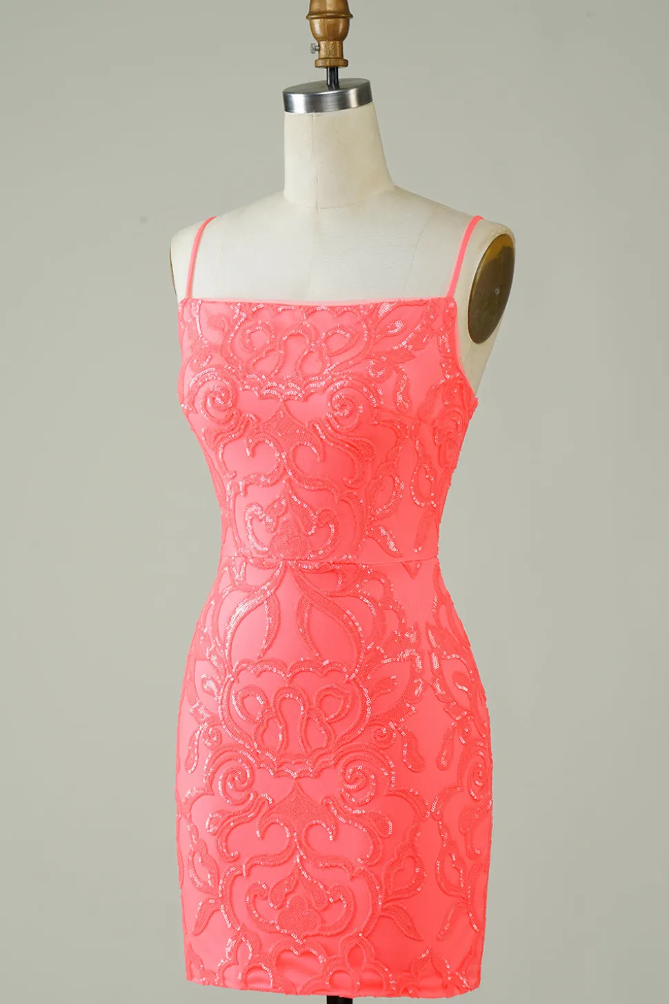 Esparguete Correias Pêssego Glitter Apertado Homecoming Dress