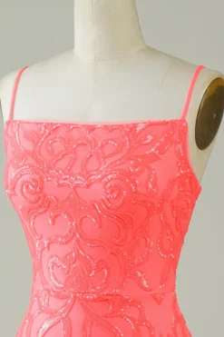 Esparguete Correias Pêssego Glitter Apertado Homecoming Dress
