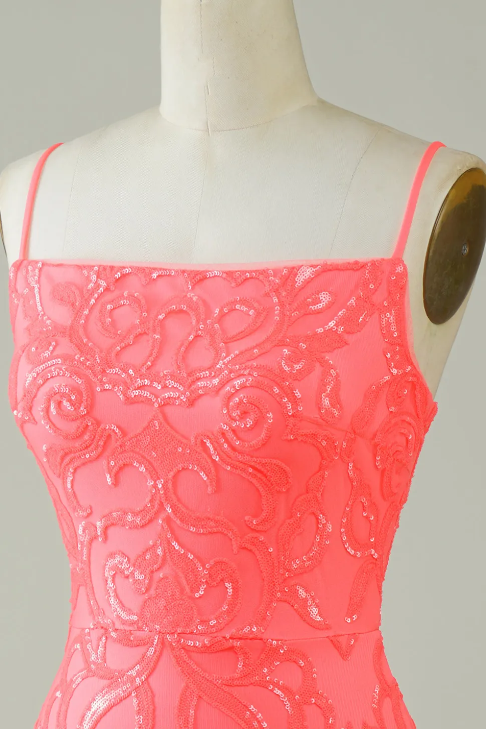 Esparguete Correias Pêssego Glitter Apertado Homecoming Dress