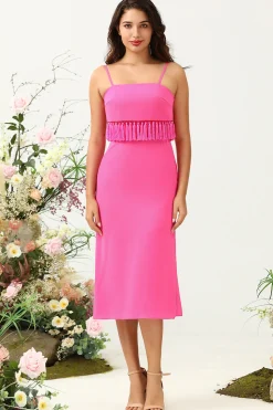 Esparguete Correias Rosa Vestido de Dama de Honor Com Franjas
